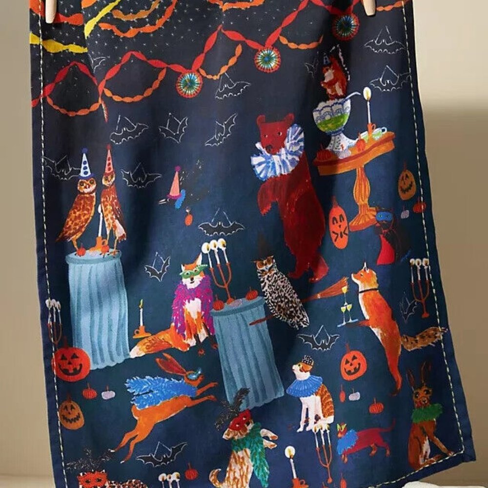 Anthropologie Folklore ANIMAL MASQUERADE Dishtowel Halloween animal love NEW